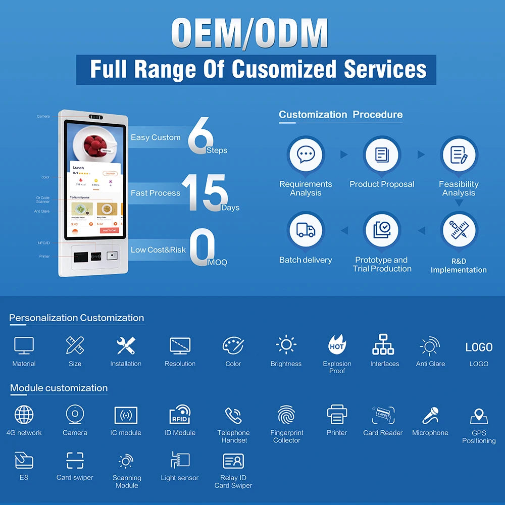 TouchWo 15.6 21.5 23.8 Inch Wall Mount Touch Screen AIO Computer Touchscreen Self Service Checkout Ordering Ticket Payment Kiosk