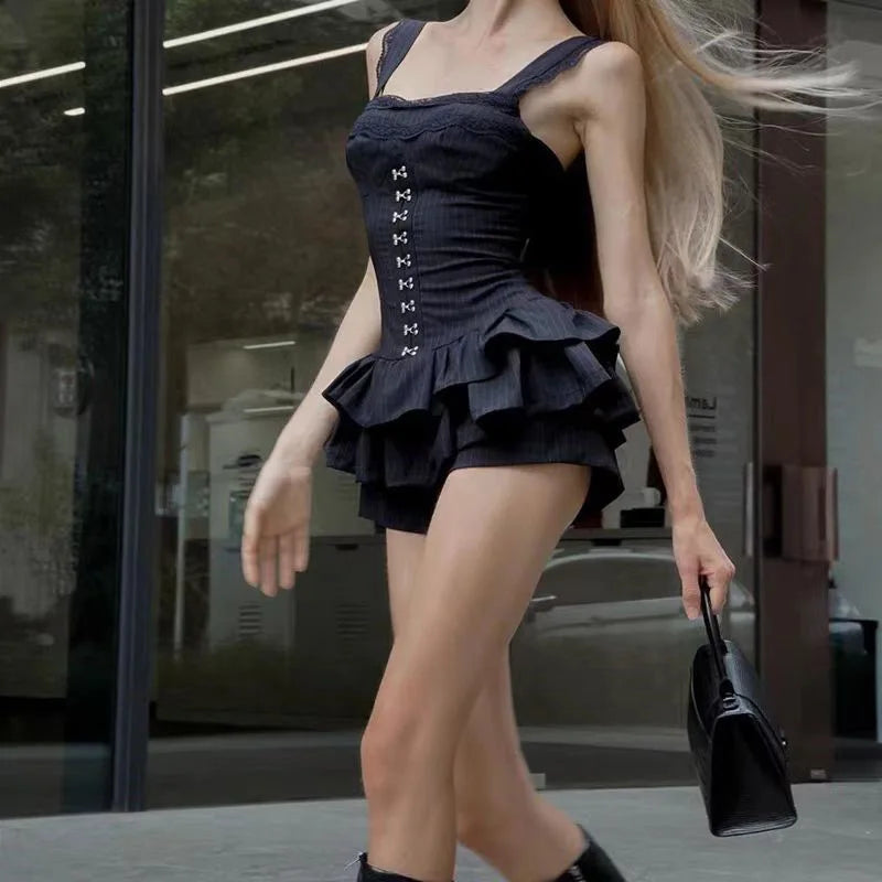 Goth Dark Fairy Grunge Striped Ruffles Hem Black Rompers Sexy Lace Straps Y2K Playsuits Mall Goth Trim Zip One-piece Streetwear