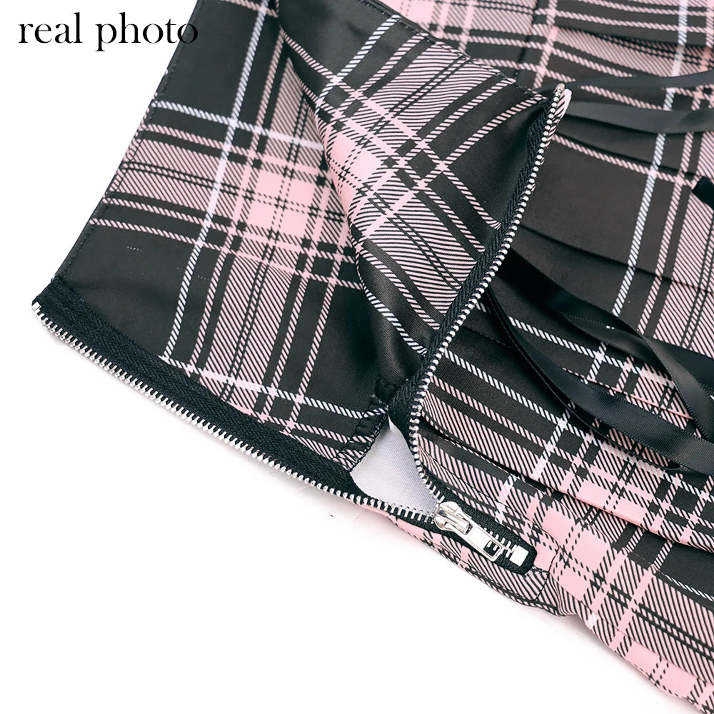 Goth Dark Harajuku Plaid High Waist Pink Mini Skirts Pastel Gothic Lace Hem Bandage Skirt E-girl Pleated Color Match Streetwear