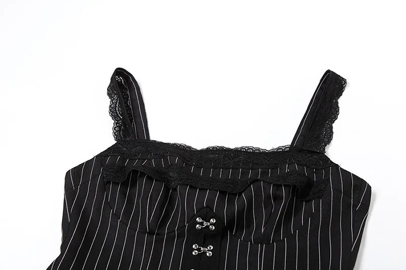 Goth Dark Fairy Grunge Striped Ruffles Hem Black Rompers Sexy Lace Straps Y2K Playsuits Mall Goth Trim Zip One-piece Streetwear