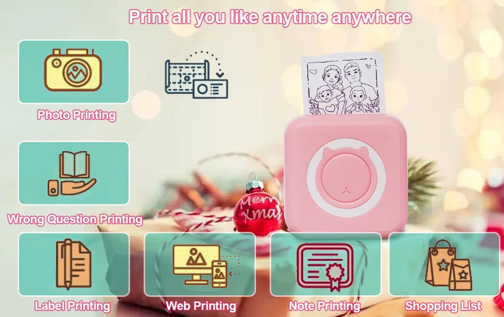 KGG Mini Portable Thermal Printer Paper Photo Pocket Thermal Printer Printing Wireless BT Connect Printers 200dpi Photo Lable