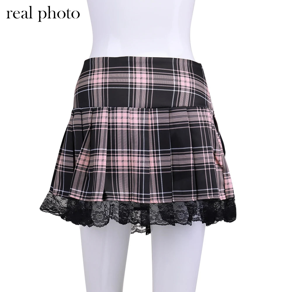 Goth Dark Harajuku Plaid High Waist Pink Mini Skirts Pastel Gothic Lace Hem Bandage Skirt E-girl Pleated Color Match Streetwear