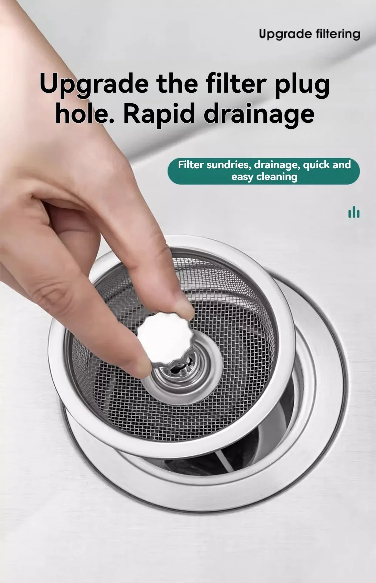 2Set Kitchen Sink Strainer With Handle & Stopper Replacement Drain Basket Stainless Steel Mesh Filter Waste Hole