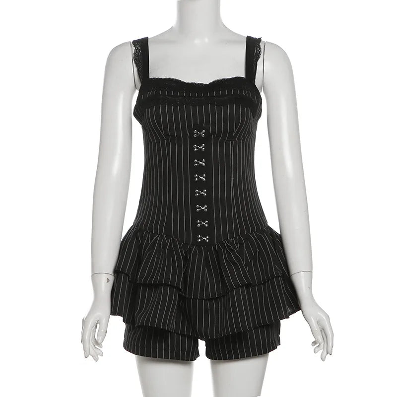 Goth Dark Fairy Grunge Striped Ruffles Hem Black Rompers Sexy Lace Straps Y2K Playsuits Mall Goth Trim Zip One-piece Streetwear