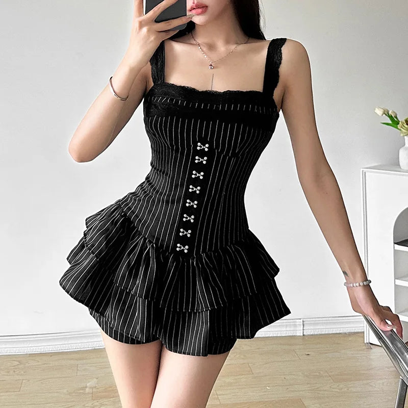 Goth Dark Fairy Grunge Striped Ruffles Hem Black Rompers Sexy Lace Straps Y2K Playsuits Mall Goth Trim Zip One-piece Streetwear