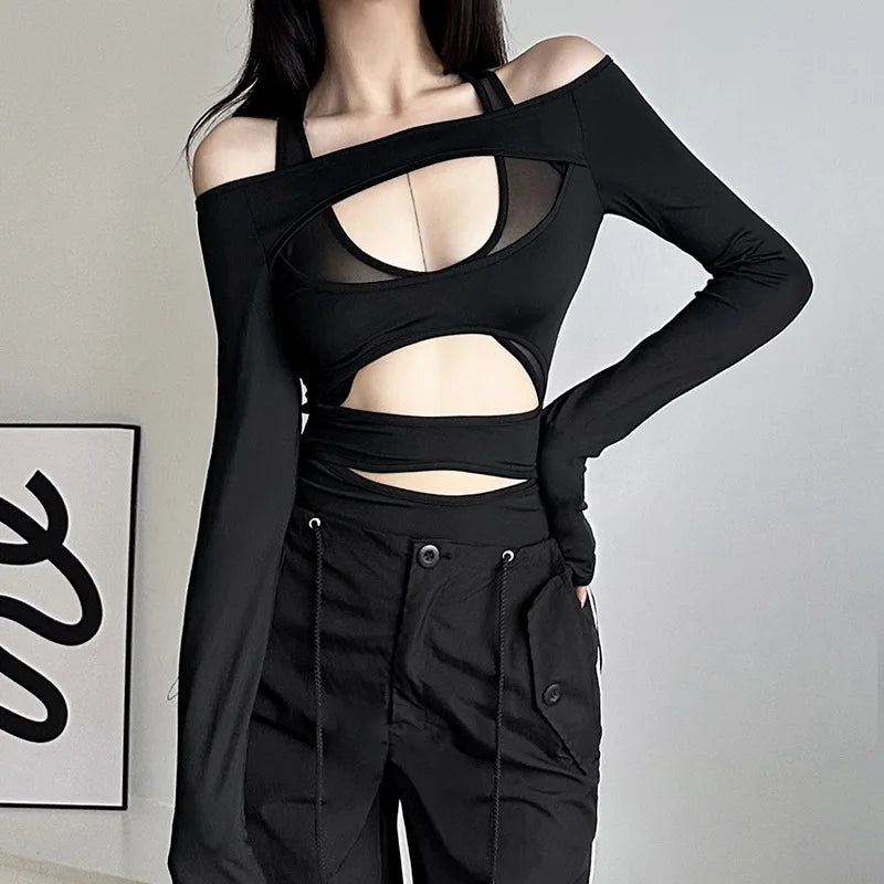 Goth Dark Cyber Y2k Punk Hollow Out Sexy Bodysuits Mall Gothic Bodycon Mesh Sheer T-shirts Women Long Sleeve Patchwork Bodysuit