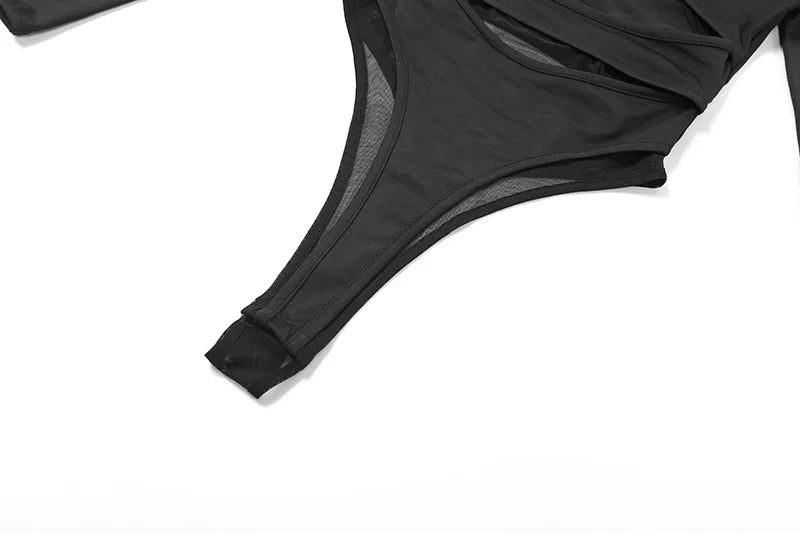 Goth Dark Cyber Y2k Punk Hollow Out Sexy Bodysuits Mall Gothic Bodycon Mesh Sheer T-shirts Women Long Sleeve Patchwork Bodysuit