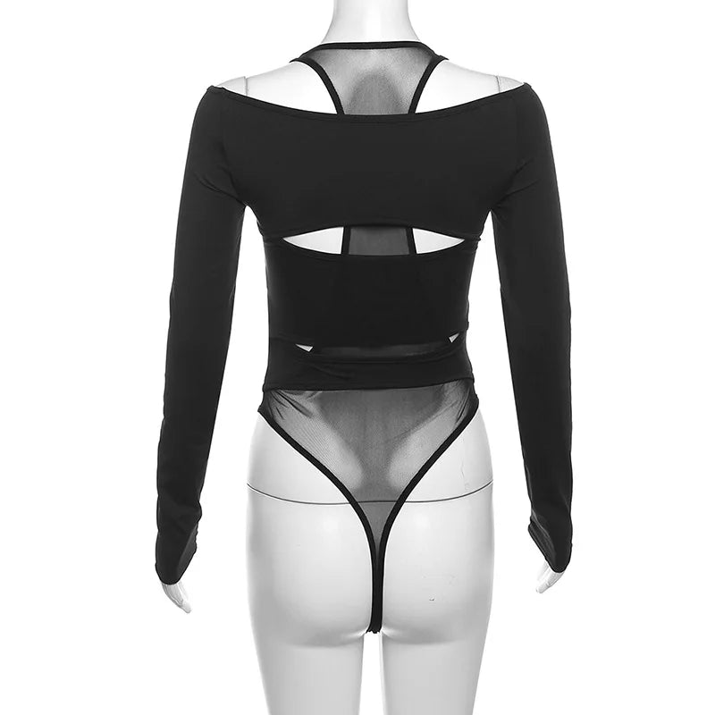Goth Dark Cyber Y2k Punk Hollow Out Sexy Bodysuits Mall Gothic Bodycon Mesh Sheer T-shirts Women Long Sleeve Patchwork Bodysuit