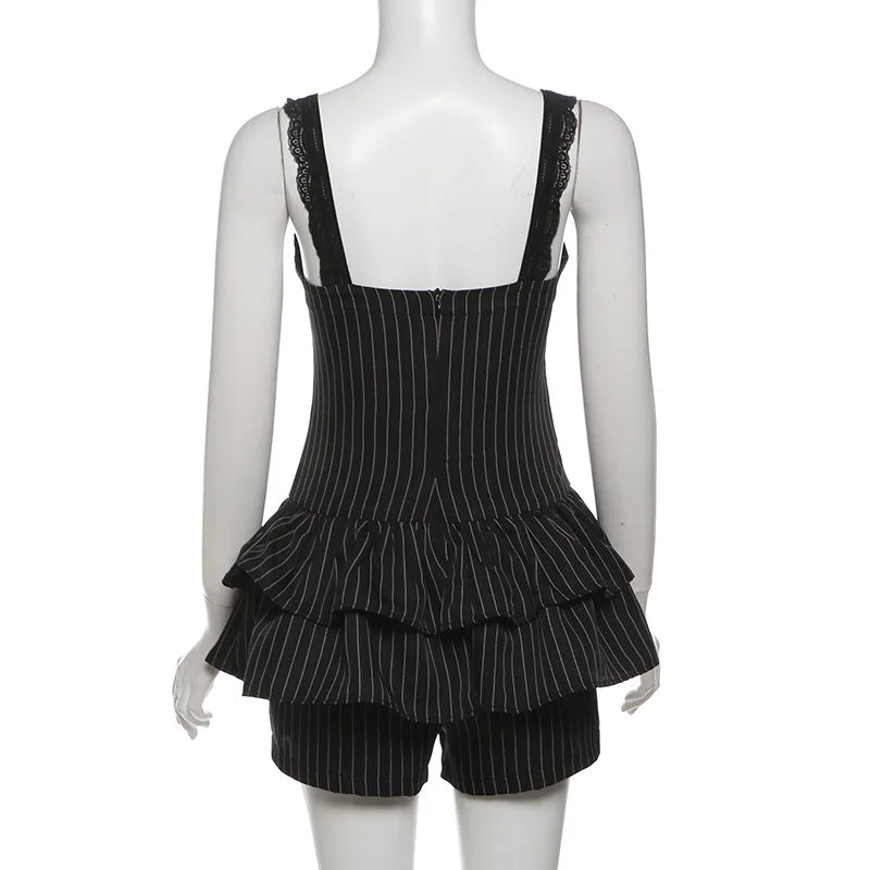 Goth Dark Fairy Grunge Striped Ruffles Hem Black Rompers Sexy Lace Straps Y2K Playsuits Mall Goth Trim Zip One-piece Streetwear