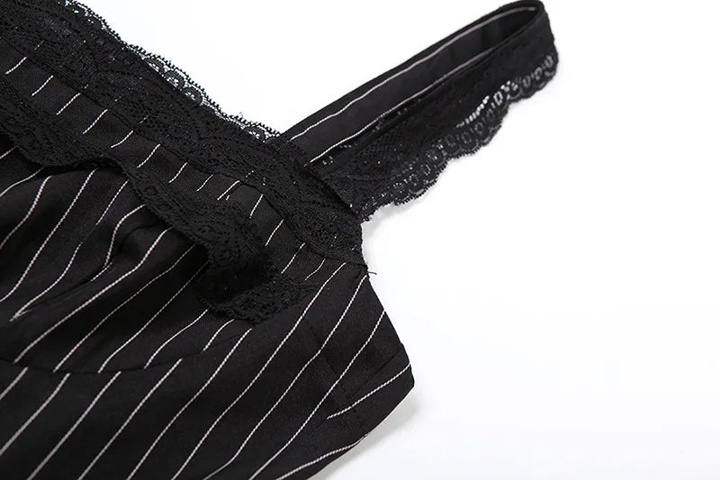 Goth Dark Fairy Grunge Striped Ruffles Hem Black Rompers Sexy Lace Straps Y2K Playsuits Mall Goth Trim Zip One-piece Streetwear