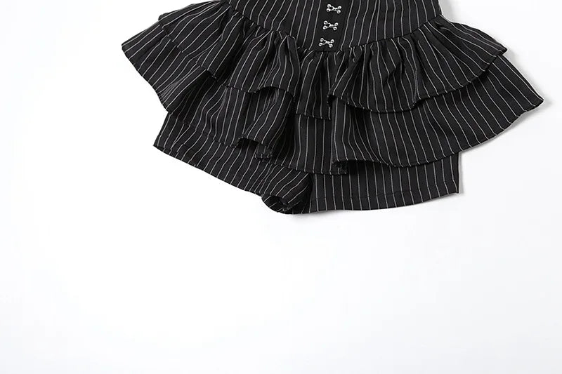 Goth Dark Fairy Grunge Striped Ruffles Hem Black Rompers Sexy Lace Straps Y2K Playsuits Mall Goth Trim Zip One-piece Streetwear