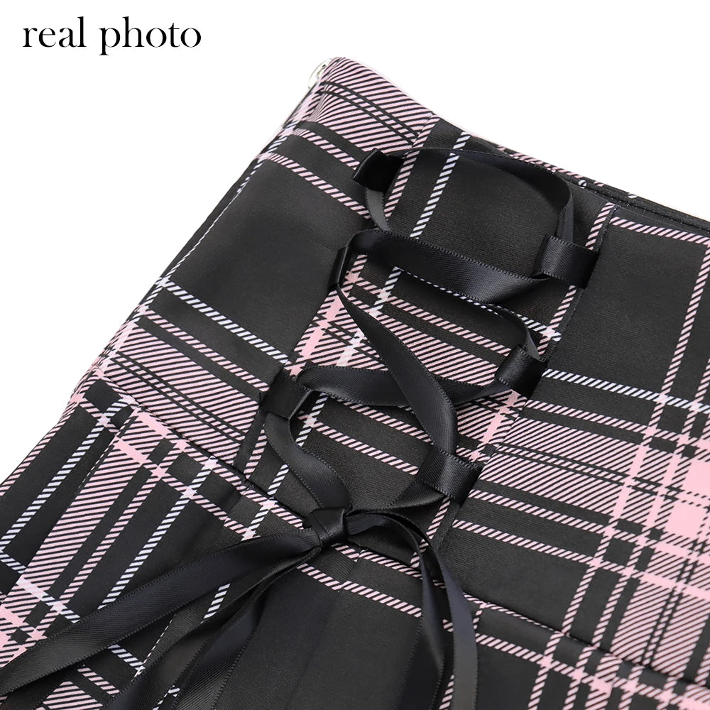 Goth Dark Harajuku Plaid High Waist Pink Mini Skirts Pastel Gothic Lace Hem Bandage Skirt E-girl Pleated Color Match Streetwear