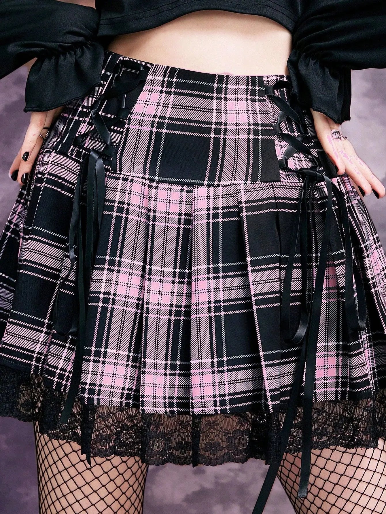 Goth Dark Harajuku Plaid High Waist Pink Mini Skirts Pastel Gothic Lace Hem Bandage Skirt E-girl Pleated Color Match Streetwear