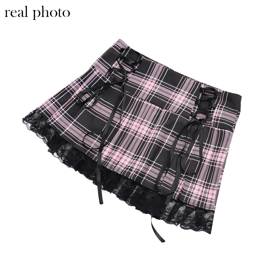Goth Dark Harajuku Plaid High Waist Pink Mini Skirts Pastel Gothic Lace Hem Bandage Skirt E-girl Pleated Color Match Streetwear