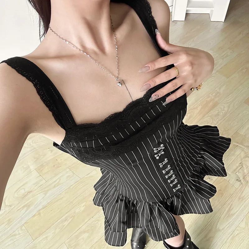 Goth Dark Fairy Grunge Striped Ruffles Hem Black Rompers Sexy Lace Straps Y2K Playsuits Mall Goth Trim Zip One-piece Streetwear