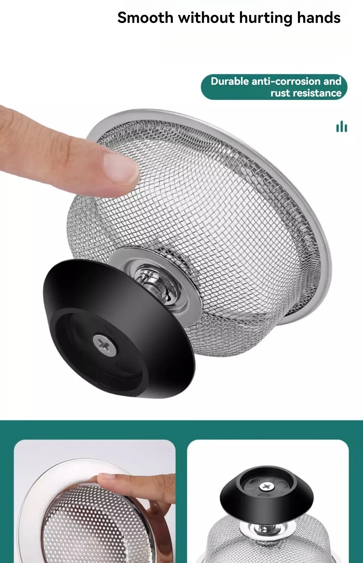 2Set Kitchen Sink Strainer With Handle & Stopper Replacement Drain Basket Stainless Steel Mesh Filter Waste Hole