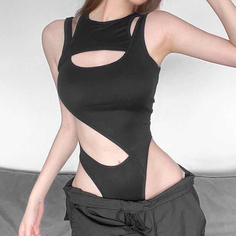 Goth Dark Hollow Out High Cut Sexy Y2k Bodysuits Cyber Gothic Solid Bodycon Women Tops Techwear Sleeveless Chic Skinny Bodysuit
