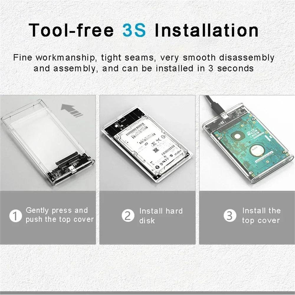 USB 3.0/Type C HDD Enclosure 2.5 inch SATA SSD External Hard Drive Case with 5Gbps Transfer Speed Clear Harddisk Boxs Tool-Free