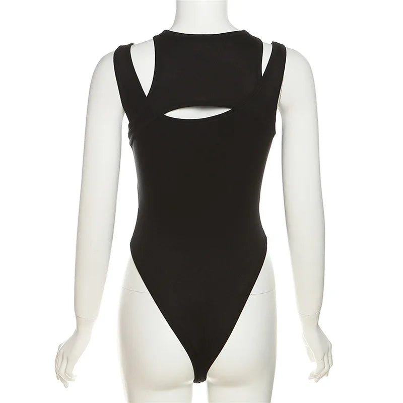 Goth Dark Hollow Out High Cut Sexy Y2k Bodysuits Cyber Gothic Solid Bodycon Women Tops Techwear Sleeveless Chic Skinny Bodysuit