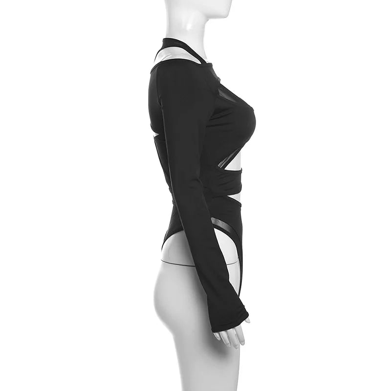 Goth Dark Cyber Y2k Punk Hollow Out Sexy Bodysuits Mall Gothic Bodycon Mesh Sheer T-shirts Women Long Sleeve Patchwork Bodysuit
