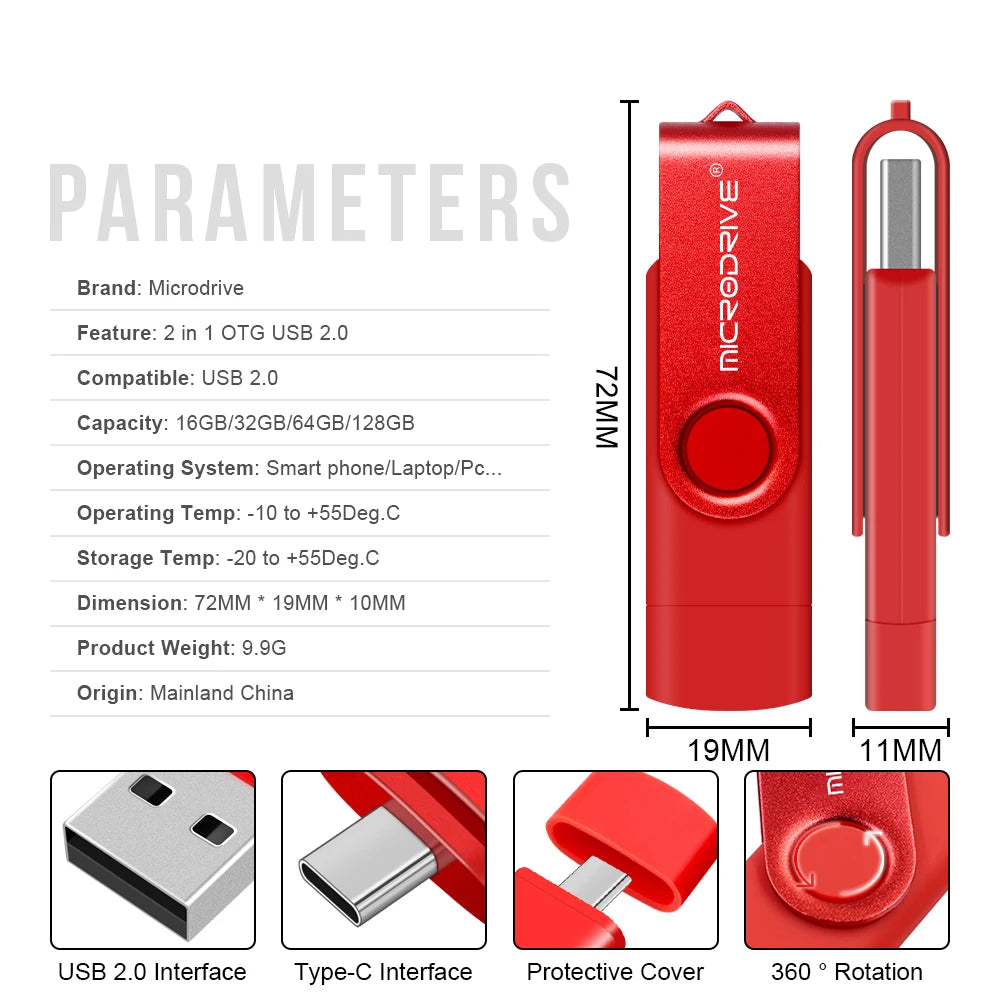 Metal USB Flash Drive 128GB 64GB 32GB High Speed 16GB 8GB Pen Drive Smart Phone OTG 2 IN 1 Memoria Usb Stick Type C Usb 2.0