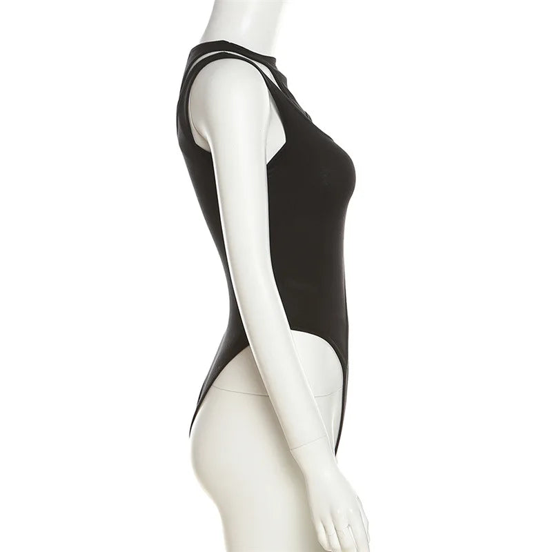Goth Dark Hollow Out High Cut Sexy Y2k Bodysuits Cyber Gothic Solid Bodycon Women Tops Techwear Sleeveless Chic Skinny Bodysuit