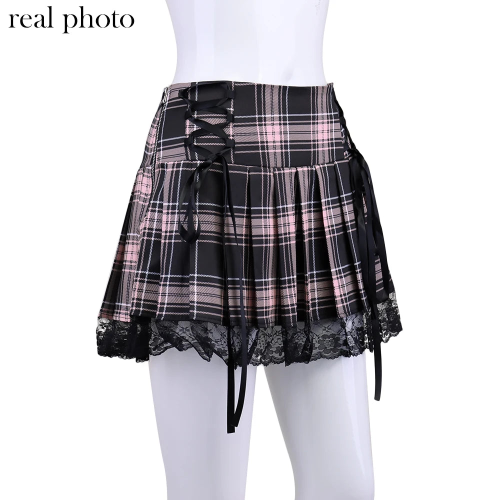Goth Dark Harajuku Plaid High Waist Pink Mini Skirts Pastel Gothic Lace Hem Bandage Skirt E-girl Pleated Color Match Streetwear