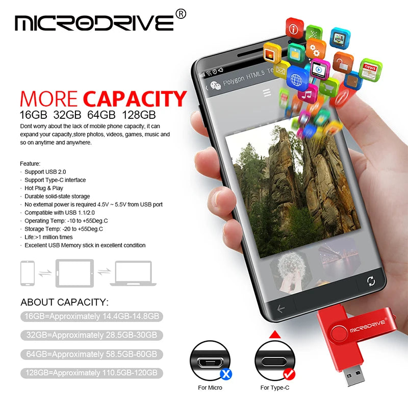 Metal USB Flash Drive 128GB 64GB 32GB High Speed 16GB 8GB Pen Drive Smart Phone OTG 2 IN 1 Memoria Usb Stick Type C Usb 2.0