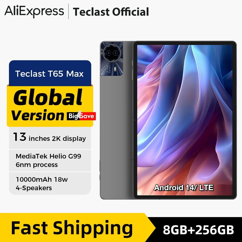 Teclast T65 Max 13" FHD Display Android 14 Tablet MediaTek G99 8GB+12GB Expansion RAM 256GB ROM 10000mAh Battery 18W Widevine L1