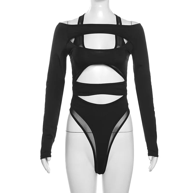 Goth Dark Cyber Y2k Punk Hollow Out Sexy Bodysuits Mall Gothic Bodycon Mesh Sheer T-shirts Women Long Sleeve Patchwork Bodysuit