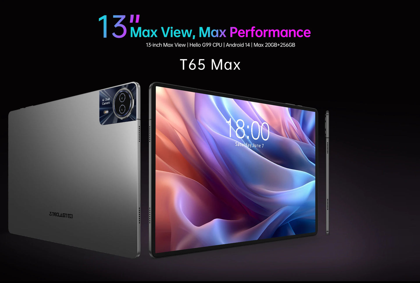 Teclast T65 Max 13" FHD Display Android 14 Tablet MediaTek G99 8GB+12GB Expansion RAM 256GB ROM 10000mAh Battery 18W Widevine L1