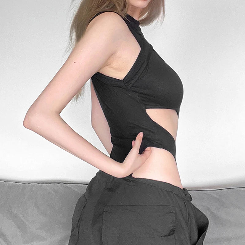 Goth Dark Hollow Out High Cut Sexy Y2k Bodysuits Cyber Gothic Solid Bodycon Women Tops Techwear Sleeveless Chic Skinny Bodysuit