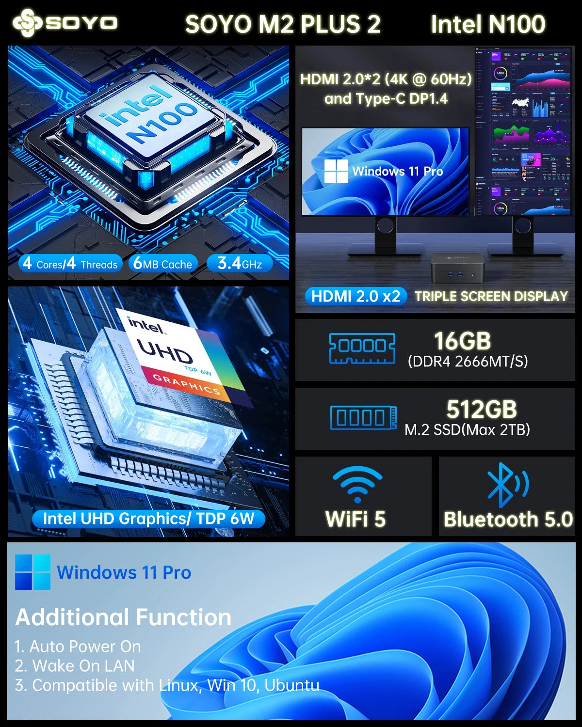 SOYO M2 PLUS 2 Mini PC Intel Alder Lake N100 Windows 11 Pro MiniPC 16GB DDR4 512GB PCIe M.2 SSD WiFi 5 BT5.0 Desktop Computer