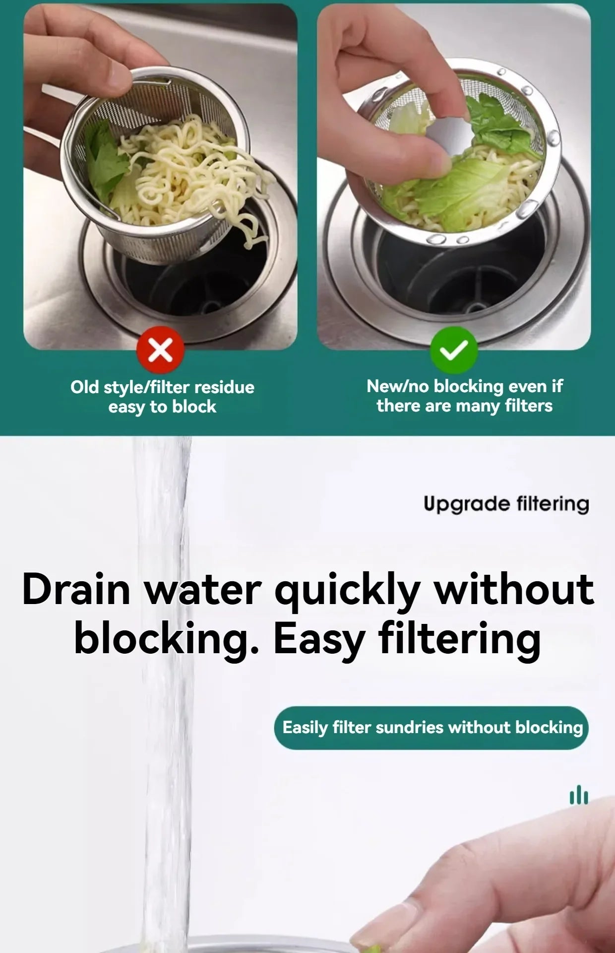 2Set Kitchen Sink Strainer With Handle & Stopper Replacement Drain Basket Stainless Steel Mesh Filter Waste Hole