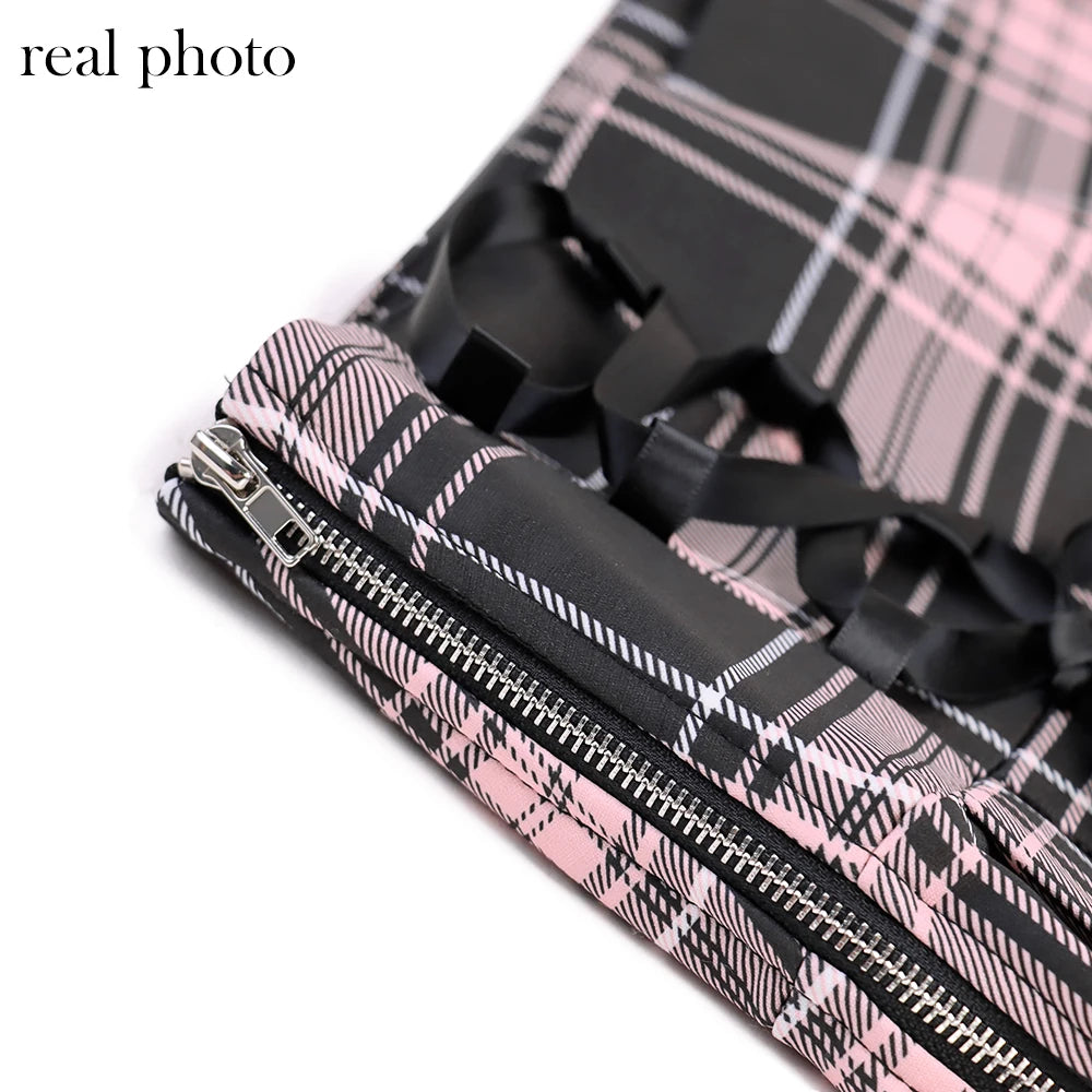 Goth Dark Harajuku Plaid High Waist Pink Mini Skirts Pastel Gothic Lace Hem Bandage Skirt E-girl Pleated Color Match Streetwear