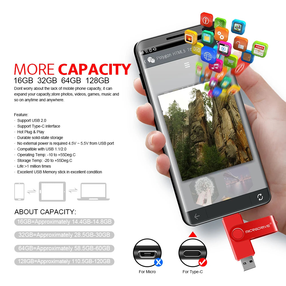 Metal USB Flash Drive 128GB 64GB 32GB High Speed 16GB 8GB Pen Drive Smart Phone OTG 2 IN 1 Memoria Usb Stick Type C Usb 2.0