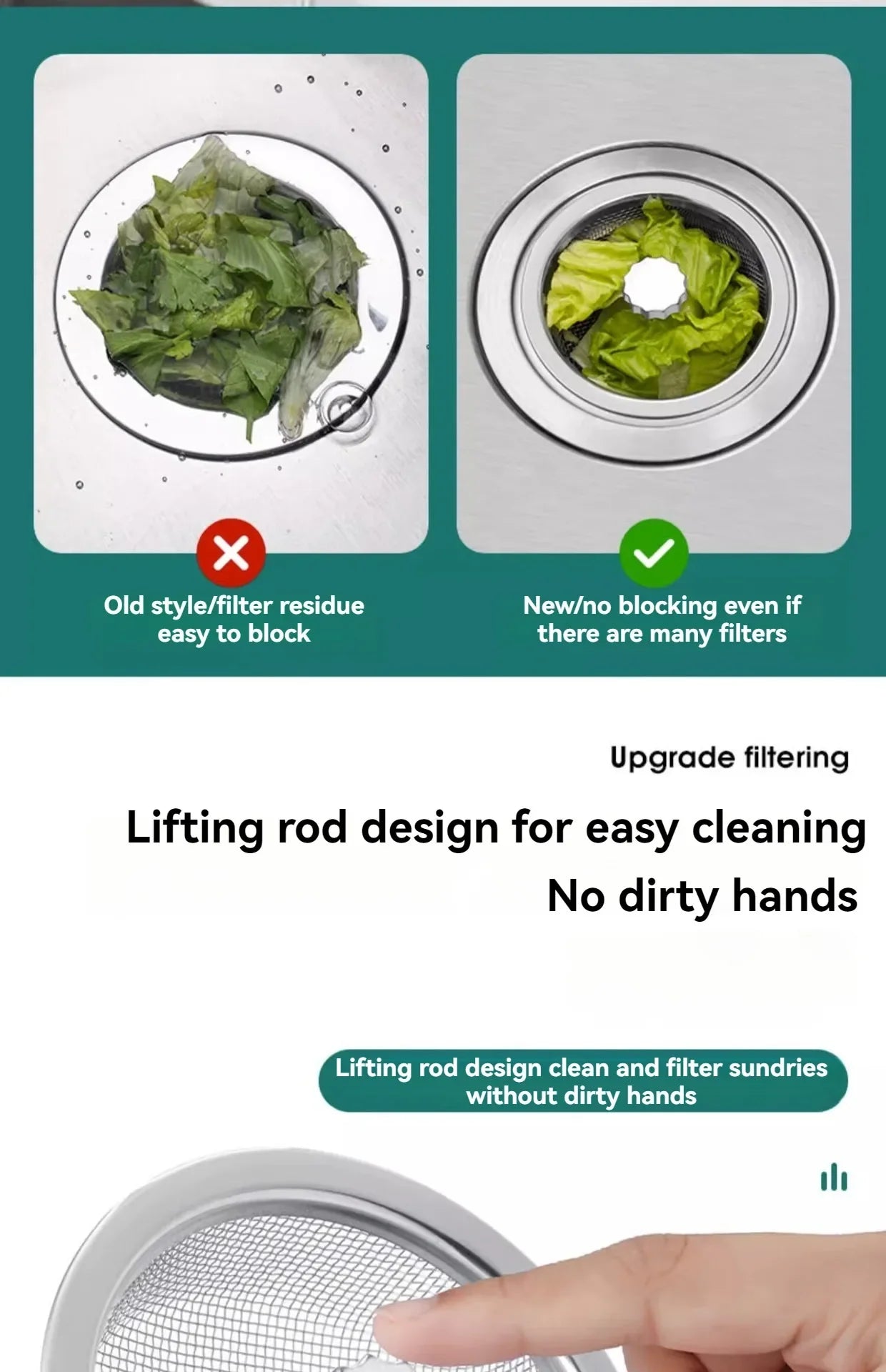 2Set Kitchen Sink Strainer With Handle & Stopper Replacement Drain Basket Stainless Steel Mesh Filter Waste Hole