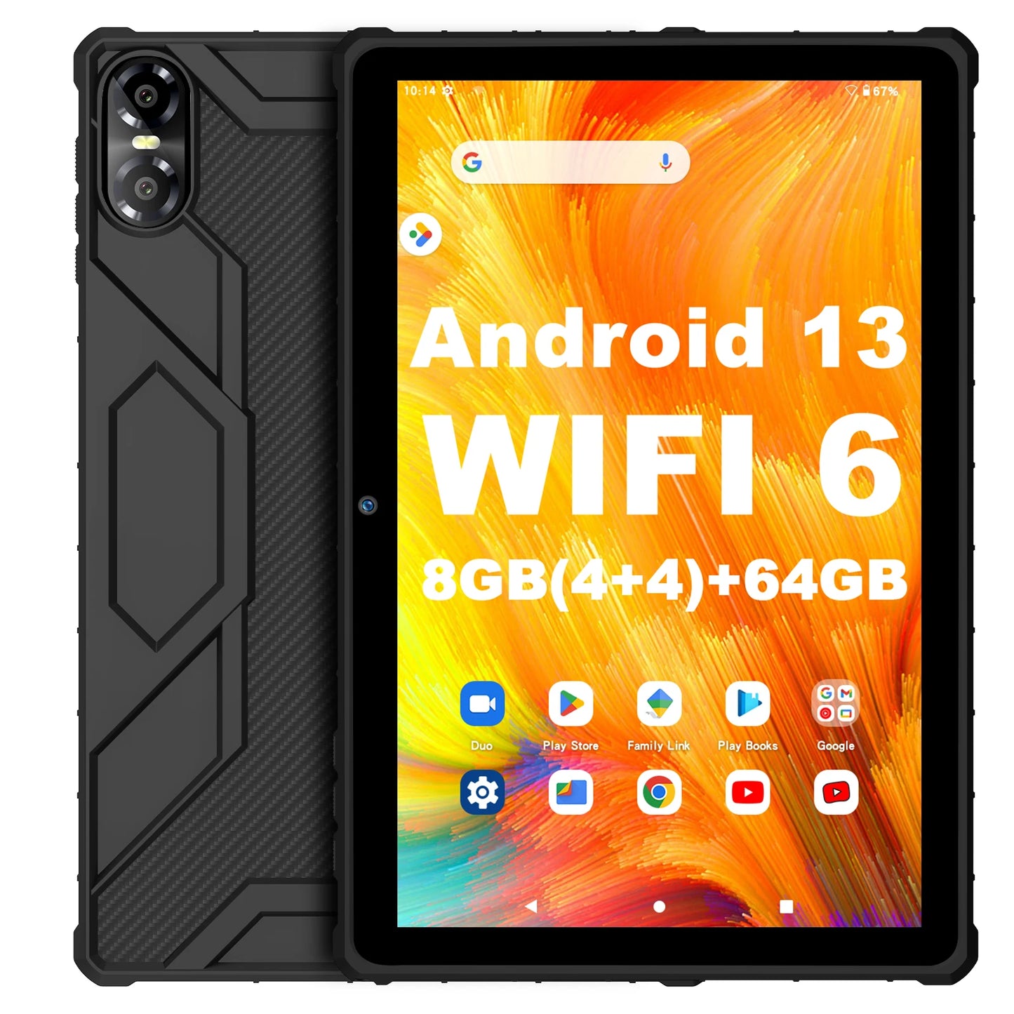 PRITOM 10 Inch Android 13 Tablet, 8(4+4)GB+64GB 1TB Expand, WiFi 6, Dual Box Speakers and Camera, BT5.0, with Mechanical Style C