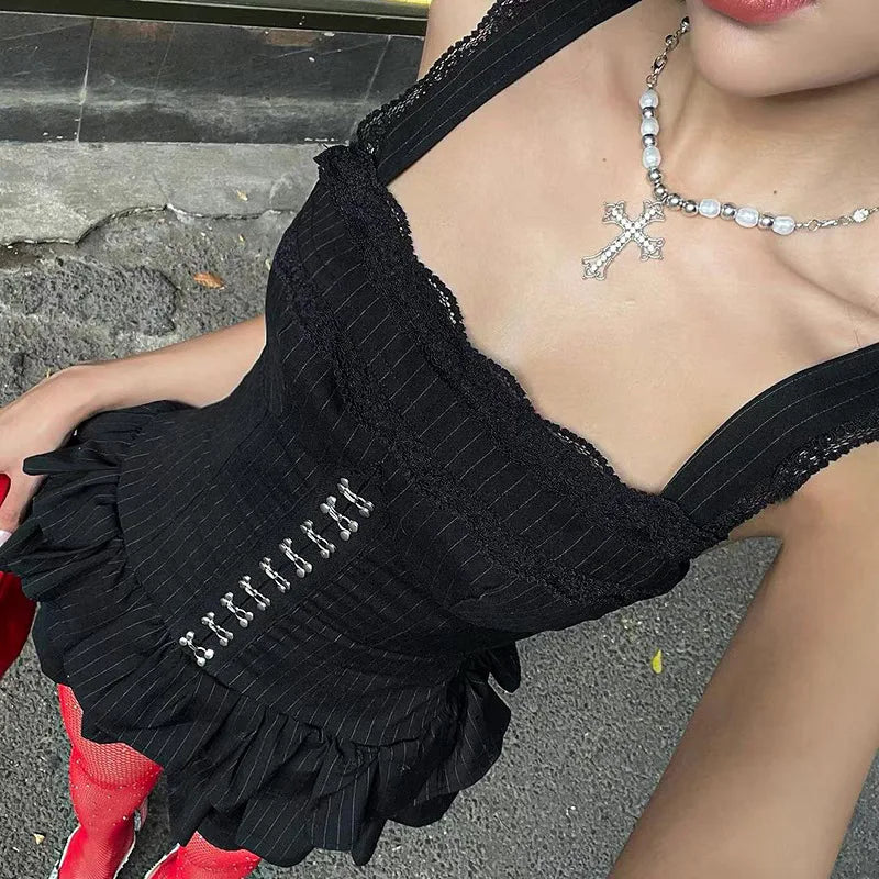 Goth Dark Fairy Grunge Striped Ruffles Hem Black Rompers Sexy Lace Straps Y2K Playsuits Mall Goth Trim Zip One-piece Streetwear
