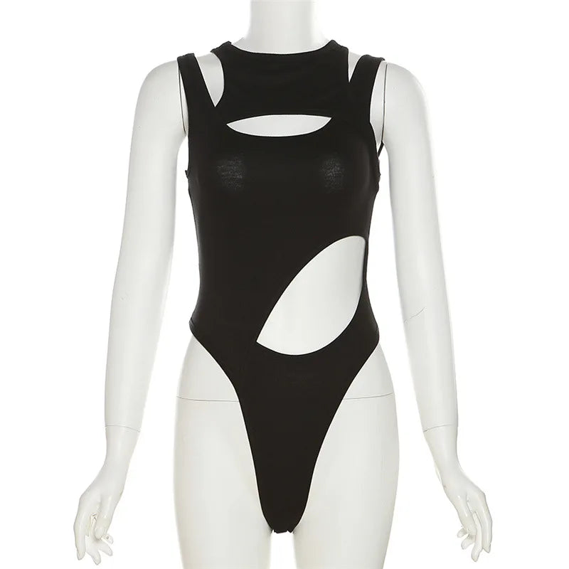 Goth Dark Hollow Out High Cut Sexy Y2k Bodysuits Cyber Gothic Solid Bodycon Women Tops Techwear Sleeveless Chic Skinny Bodysuit