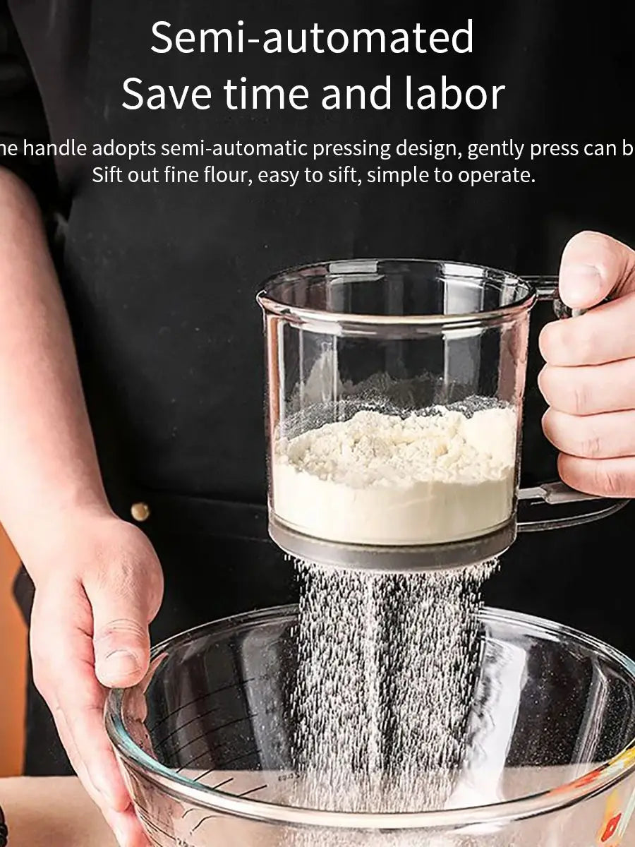 Kitchen baking, cake flour sieve, 40 mesh semi-automatic filter sieve, flour sieve with capacity scale