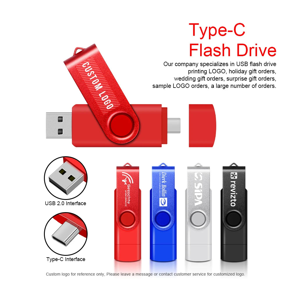 Metal USB Flash Drive 128GB 64GB 32GB High Speed 16GB 8GB Pen Drive Smart Phone OTG 2 IN 1 Memoria Usb Stick Type C Usb 2.0