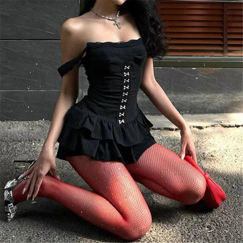 Goth Dark Fairy Grunge Striped Ruffles Hem Black Rompers Sexy Lace Straps Y2K Playsuits Mall Goth Trim Zip One-piece Streetwear