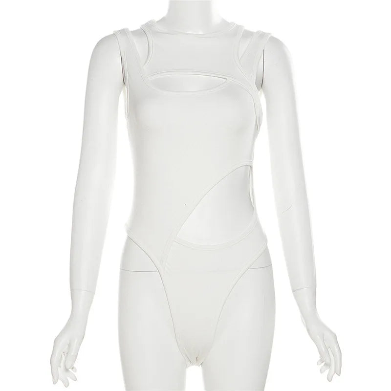 Goth Dark Hollow Out High Cut Sexy Y2k Bodysuits Cyber Gothic Solid Bodycon Women Tops Techwear Sleeveless Chic Skinny Bodysuit