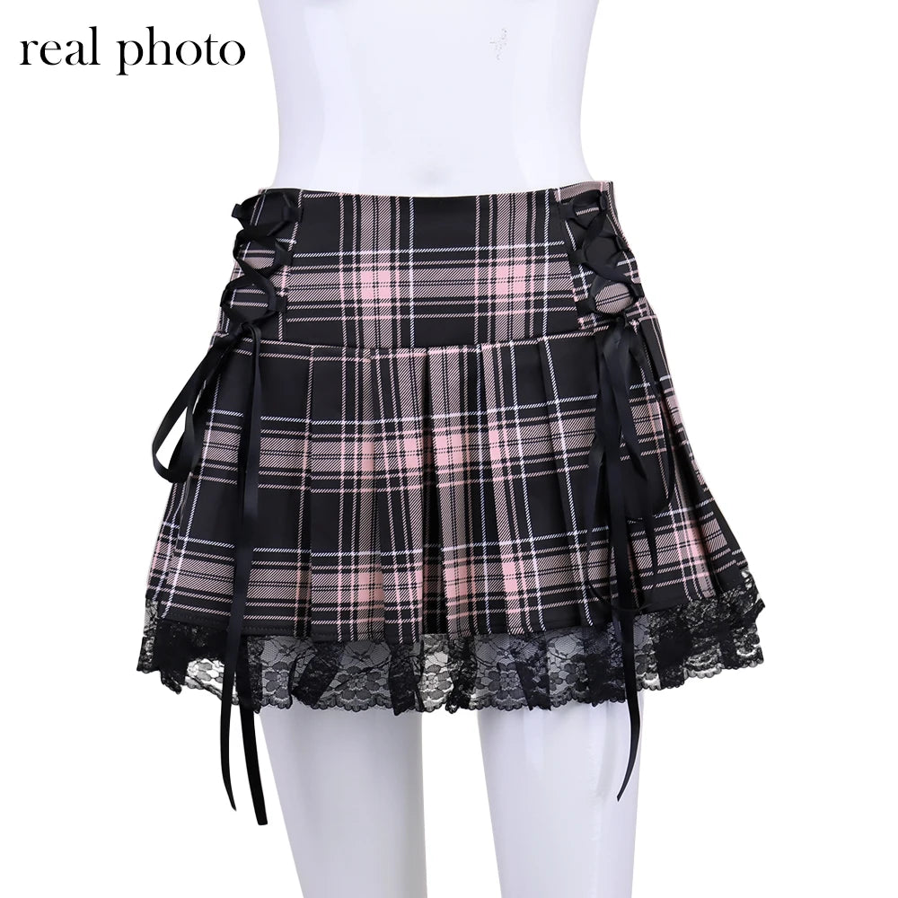 Goth Dark Harajuku Plaid High Waist Pink Mini Skirts Pastel Gothic Lace Hem Bandage Skirt E-girl Pleated Color Match Streetwear