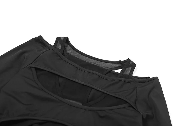 Goth Dark Cyber Y2k Punk Hollow Out Sexy Bodysuits Mall Gothic Bodycon Mesh Sheer T-shirts Women Long Sleeve Patchwork Bodysuit