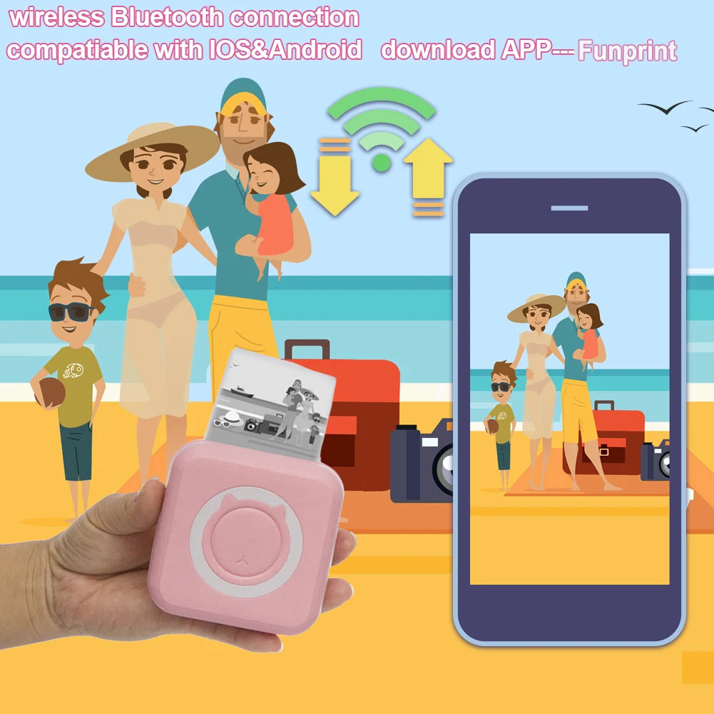 KGG Mini Portable Thermal Printer Paper Photo Pocket Thermal Printer Printing Wireless BT Connect Printers 200dpi Photo Lable