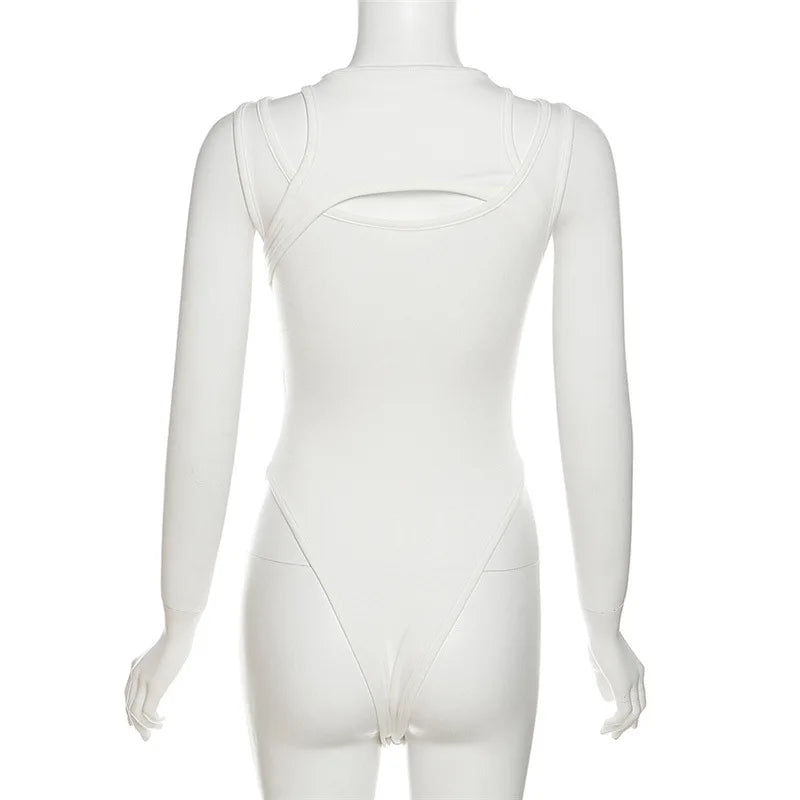 Goth Dark Hollow Out High Cut Sexy Y2k Bodysuits Cyber Gothic Solid Bodycon Women Tops Techwear Sleeveless Chic Skinny Bodysuit