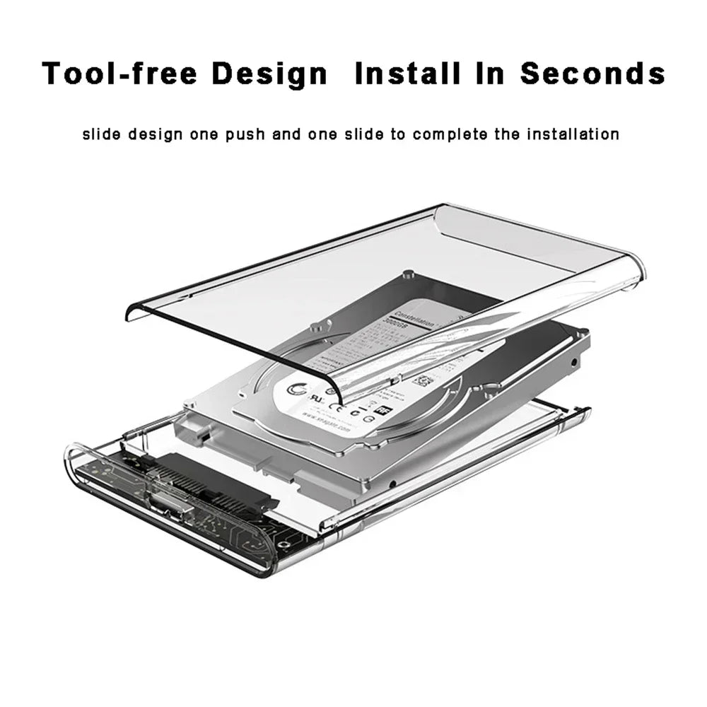 USB 3.0/Type C HDD Enclosure 2.5 inch SATA SSD External Hard Drive Case with 5Gbps Transfer Speed Clear Harddisk Boxs Tool-Free