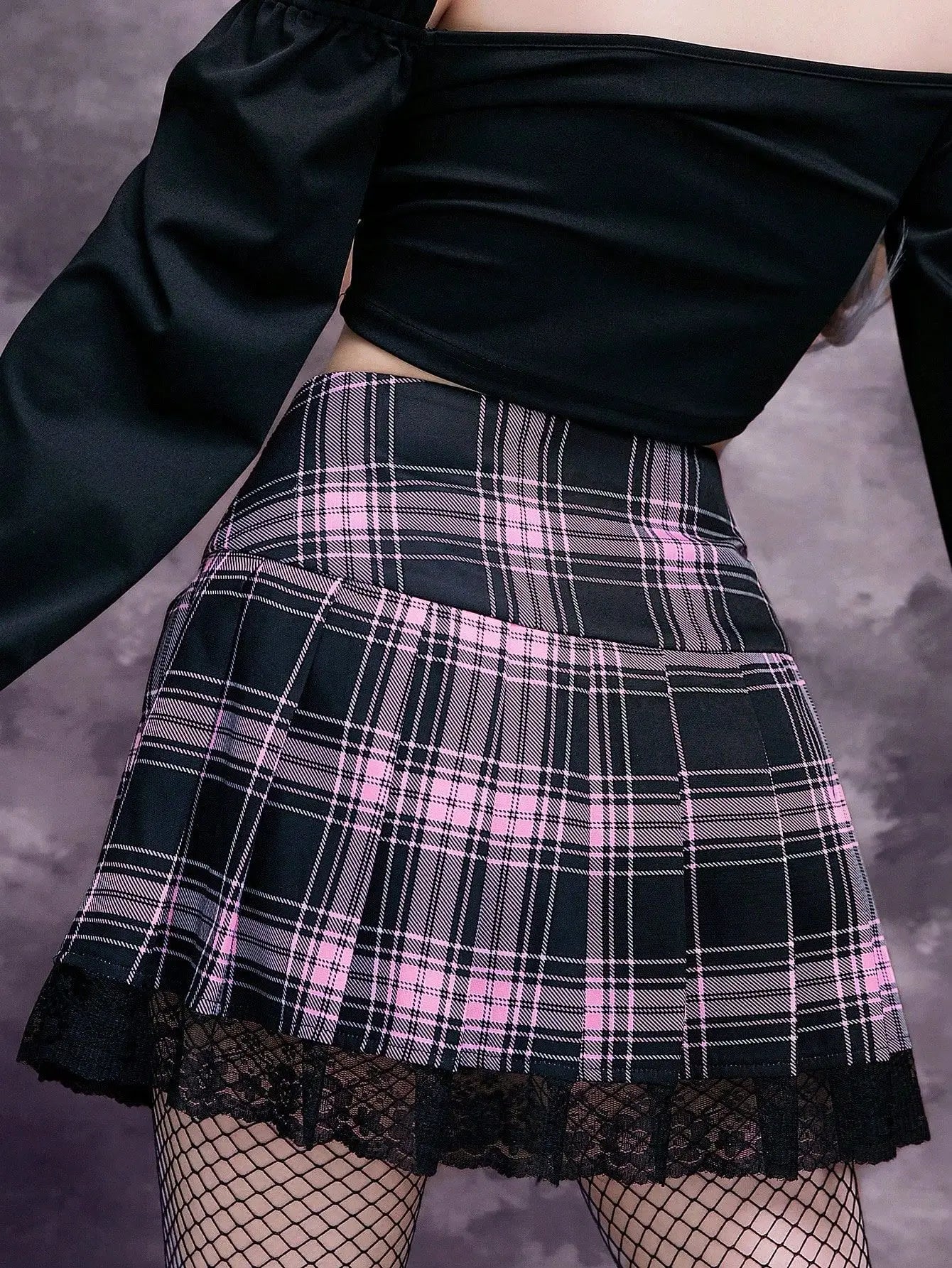 Goth Dark Harajuku Plaid High Waist Pink Mini Skirts Pastel Gothic Lace Hem Bandage Skirt E-girl Pleated Color Match Streetwear